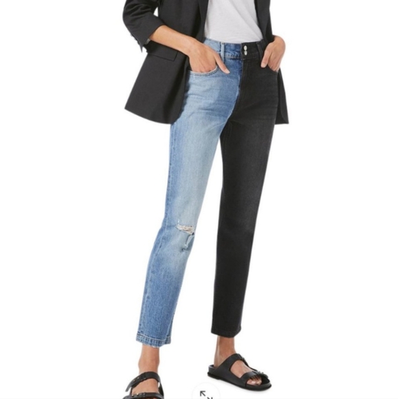 Frame Le Sylvie Distressed Two Tone Split Leg Denim Jeans Black and Blue